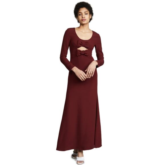 Staud Lido Burgundy Double Bow Cutout Long Sleeve Maxi Dress Size 12 - Picture 1 of 6